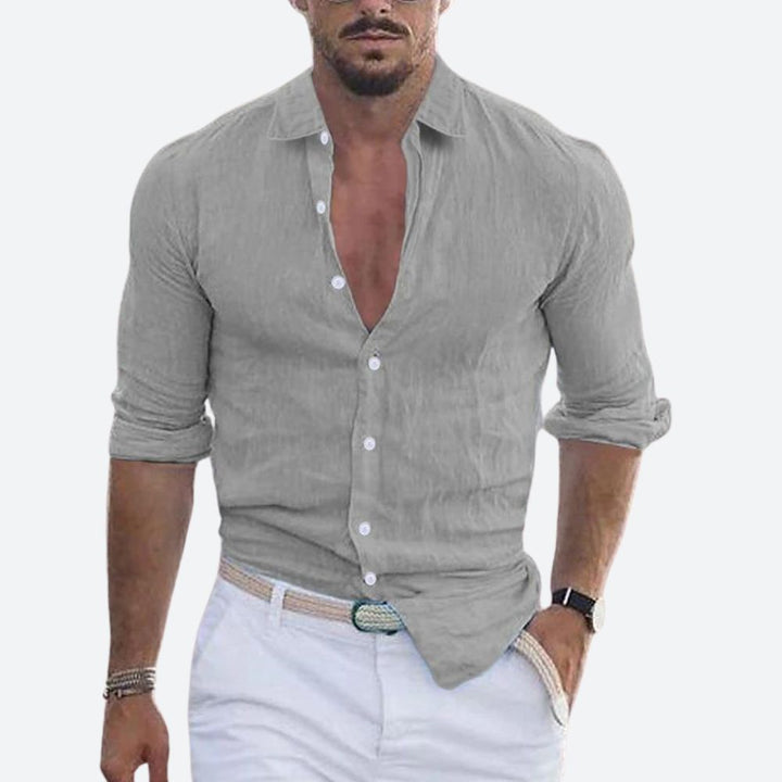 Slim Fit Sommer Leinenhemd mit offenem Kragen fuer Herren 6