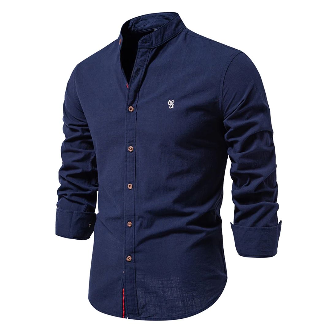 Slim Fit Stehkragen Baumwollhemd fuer Herren 1