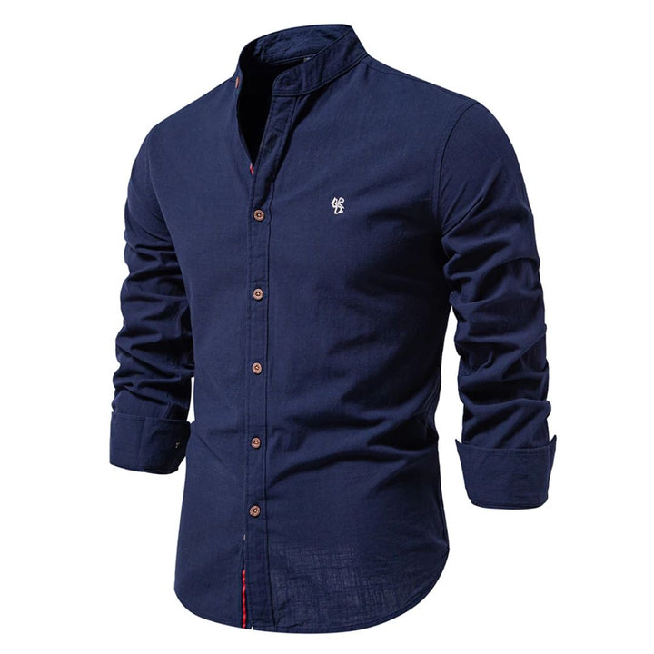 Slim Fit Stehkragen Baumwollhemd fuer Herren 1