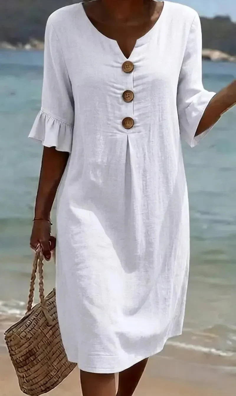 Sommer-Midikleid für Damen – Leinen mit Holzknöpfen & Rüschenärmel 1