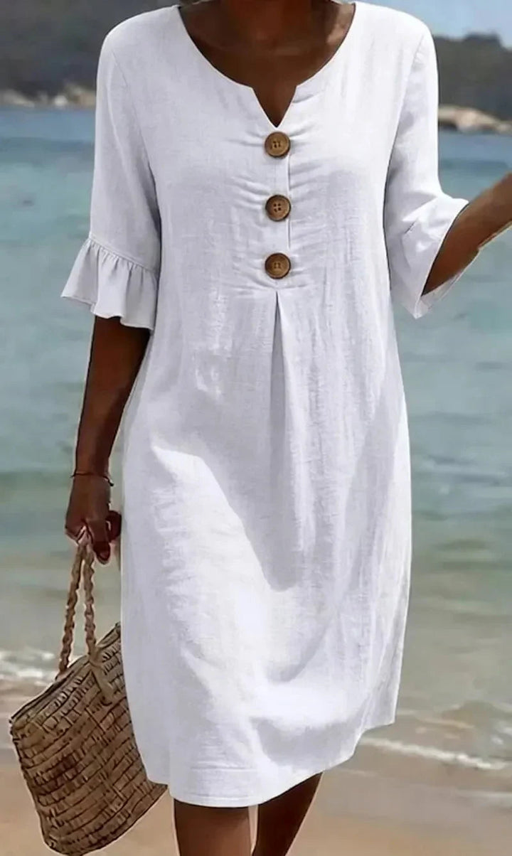 Sommer-Midikleid für Damen – Leinen mit Holzknöpfen & Rüschenärmel 1