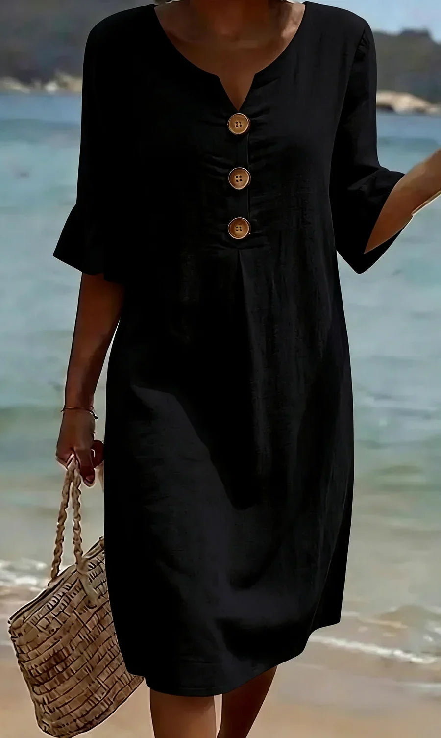 Sommer-Midikleid für Damen – Leinen mit Holzknöpfen & Rüschenärmel 2