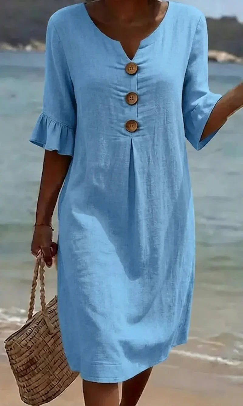 Sommer-Midikleid für Damen – Leinen mit Holzknöpfen & Rüschenärmel 3