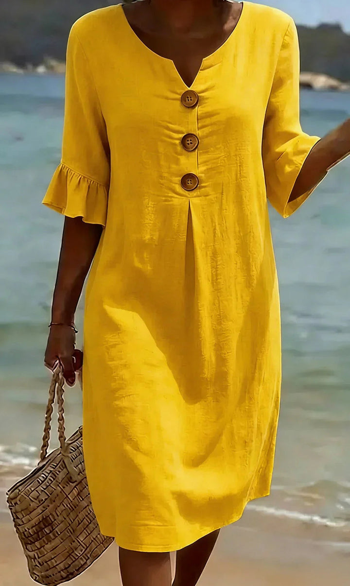 Sommer-Midikleid für Damen – Leinen mit Holzknöpfen & Rüschenärmel 4
