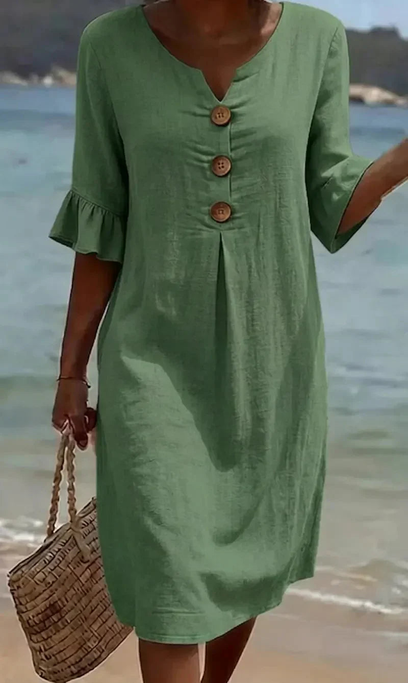 Sommer-Midikleid für Damen – Leinen mit Holzknöpfen & Rüschenärmel 5