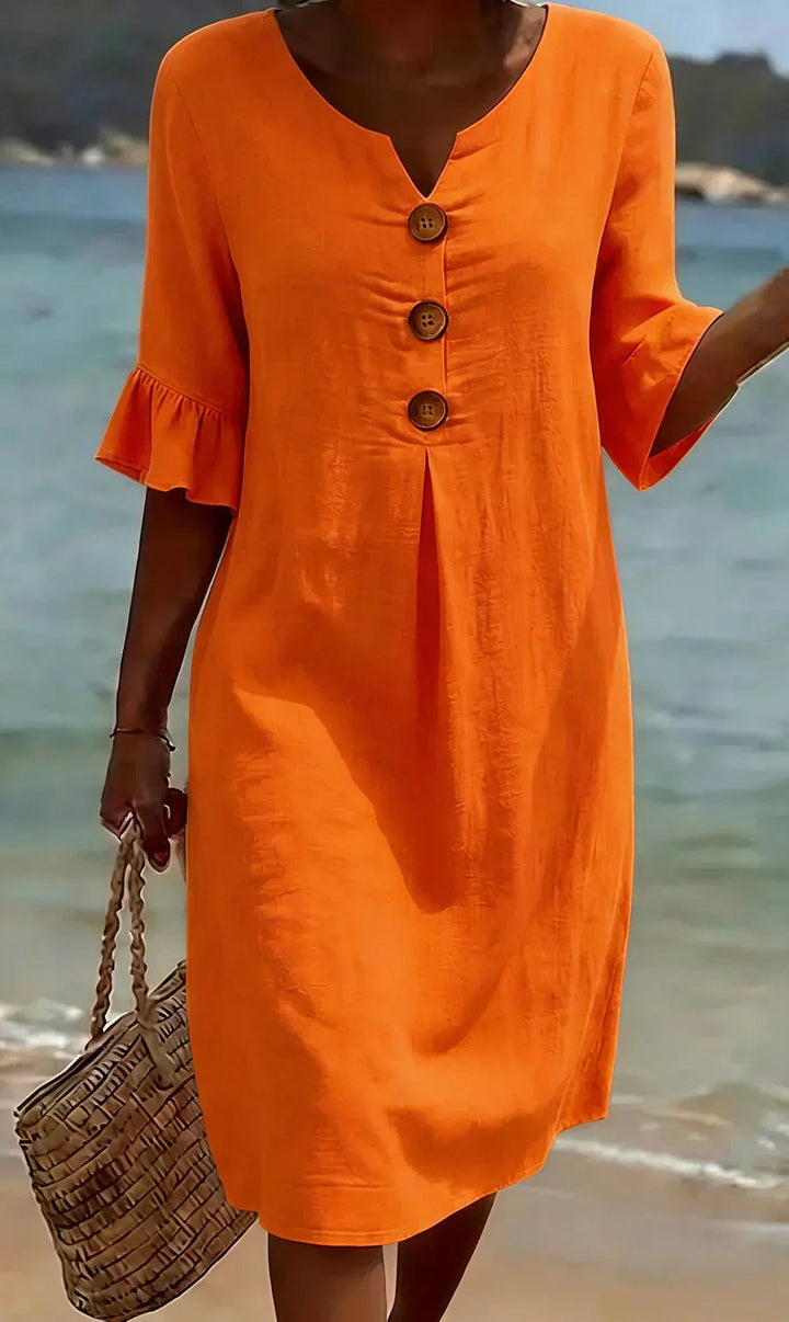 Sommer-Midikleid für Damen – Leinen mit Holzknöpfen & Rüschenärmel 6