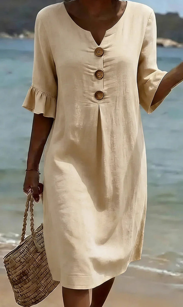 Sommer-Midikleid für Damen – Leinen mit Holzknöpfen & Rüschenärmel 7
