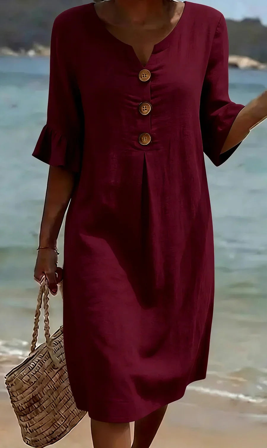 Sommer-Midikleid für Damen – Leinen mit Holzknöpfen & Rüschenärmel 8