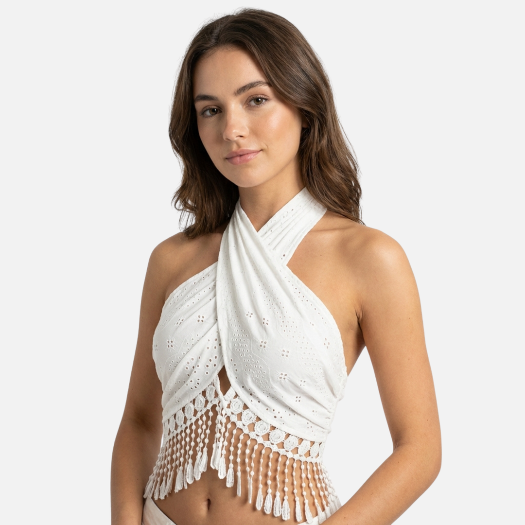 Spitzen Top mit Neckholder Ausschnitt und Quasten-Detail für Damen