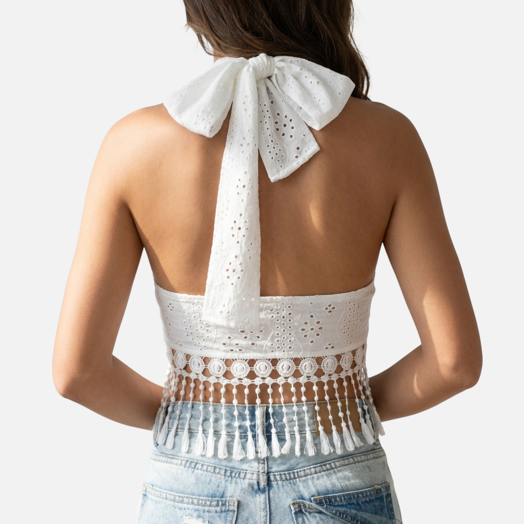 Spitzen Top mit Neckholder Ausschnitt und Quasten-Detail für Damen
