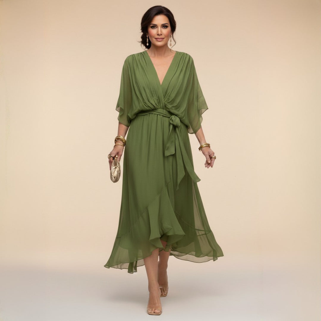 V_Ausschnitt_Midi_Wickelkleid_f_r_Damen_Bindedetail_vorne_1