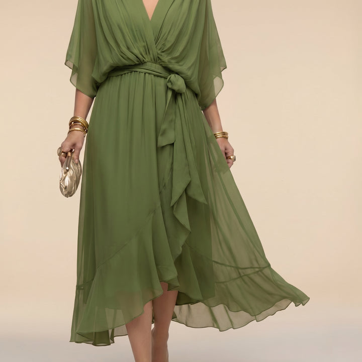 V_Ausschnitt_Midi_Wickelkleid_f_r_Damen_Bindedetail_vorne_2