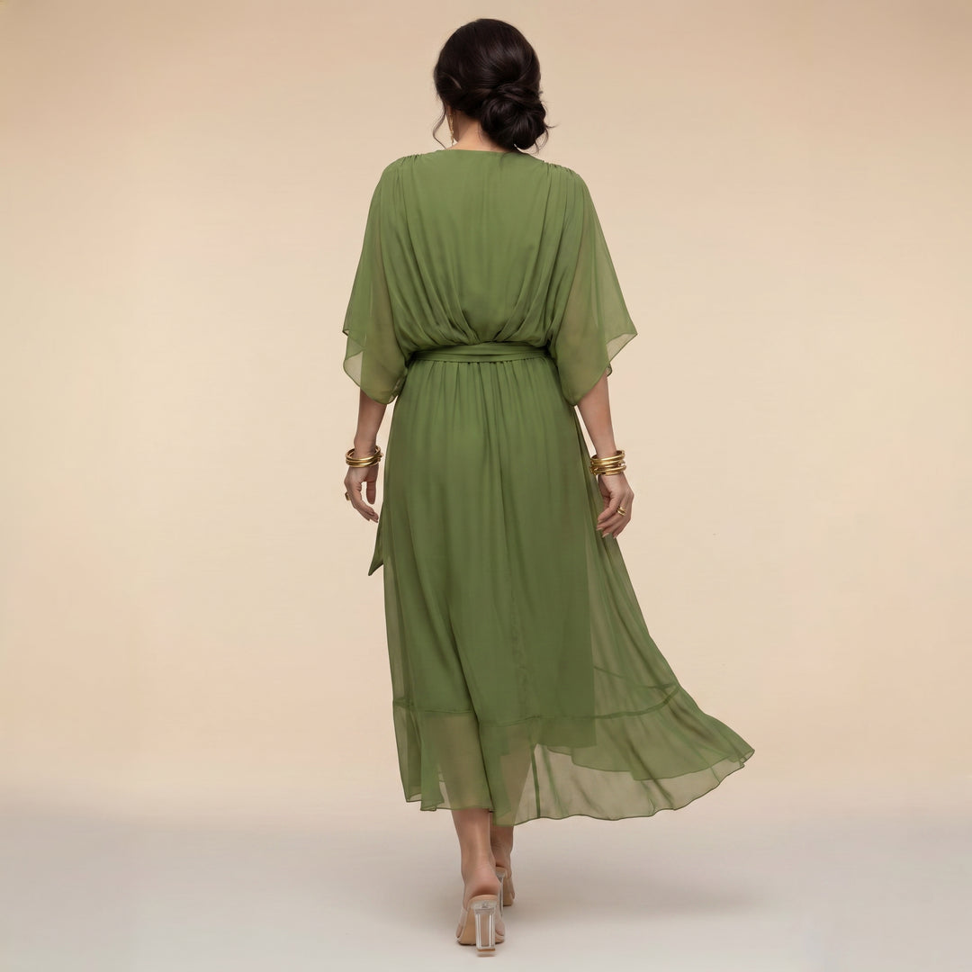 V_Ausschnitt_Midi_Wickelkleid_f_r_Damen_Bindedetail_vorne_3