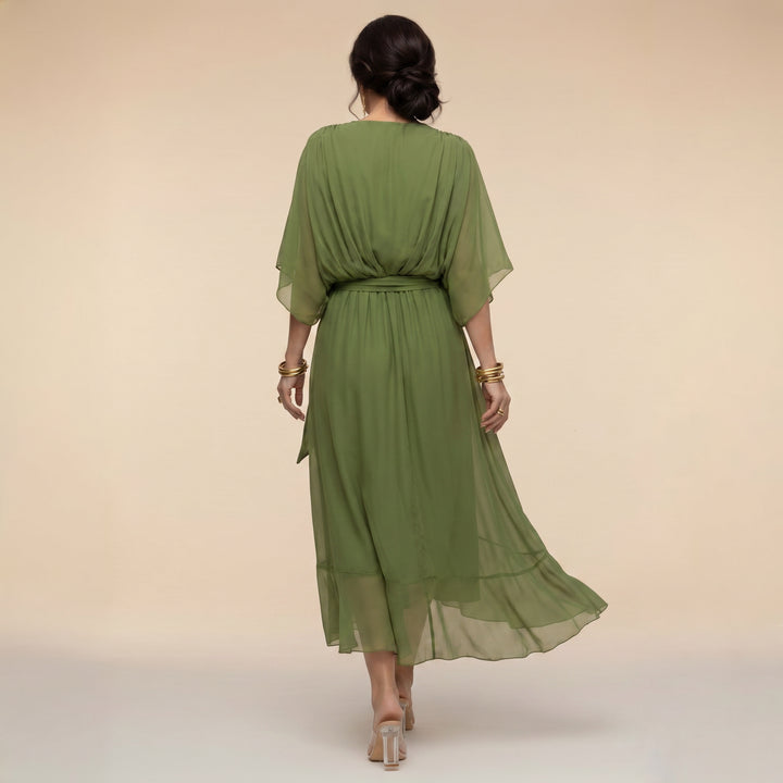 V_Ausschnitt_Midi_Wickelkleid_f_r_Damen_Bindedetail_vorne_3