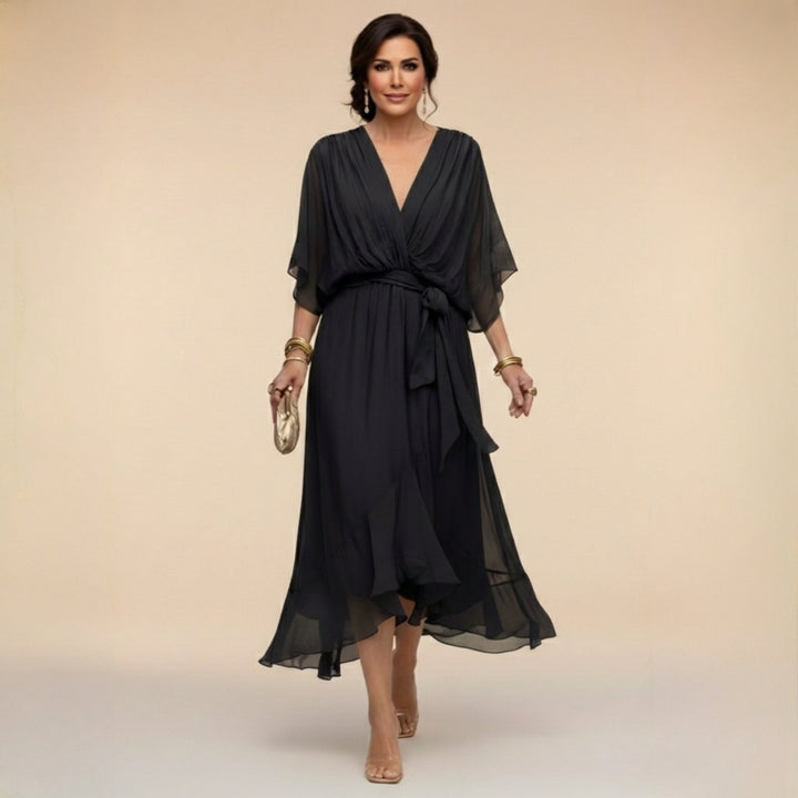 V_Ausschnitt_Midi_Wickelkleid_f_r_Damen_Bindedetail_vorne_5