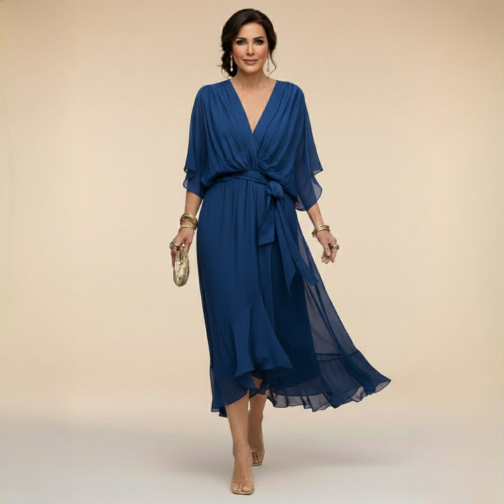 V_Ausschnitt_Midi_Wickelkleid_f_r_Damen_Bindedetail_vorne_6