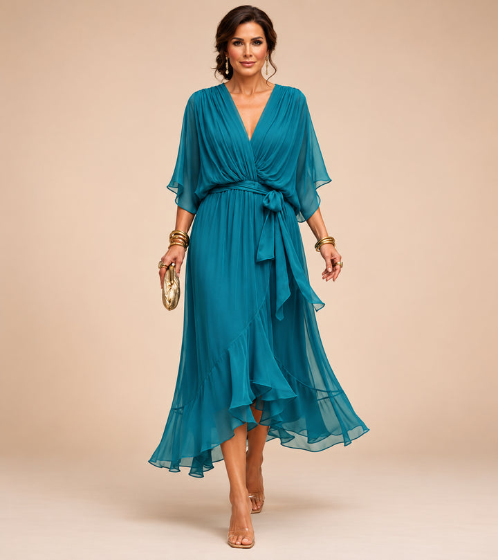 V_Ausschnitt_Midi_Wickelkleid_f_r_Damen_Bindedetail_vorne_7
