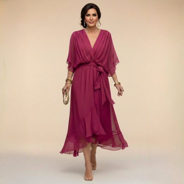 V_Ausschnitt_Midi_Wickelkleid_f_r_Damen_Bindedetail_vorne_8