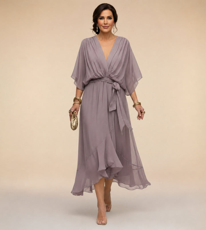 V_Ausschnitt_Midi_Wickelkleid_f_r_Damen_Bindedetail_vorne_9