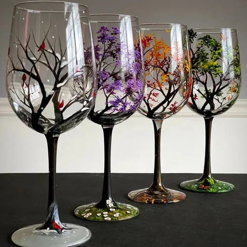 Weingl_ser_Vier_Jahreszeiten_Handbemaltes_Baum_Design_Set_4