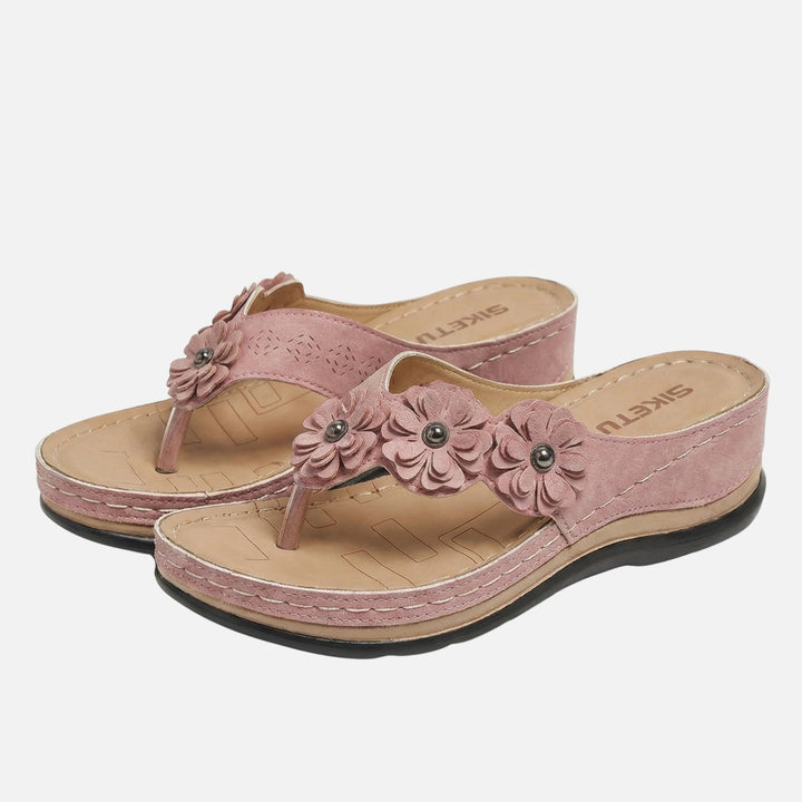 Wildleder Keilabsatz Zehentrenner mit Blumenmuster für Damen